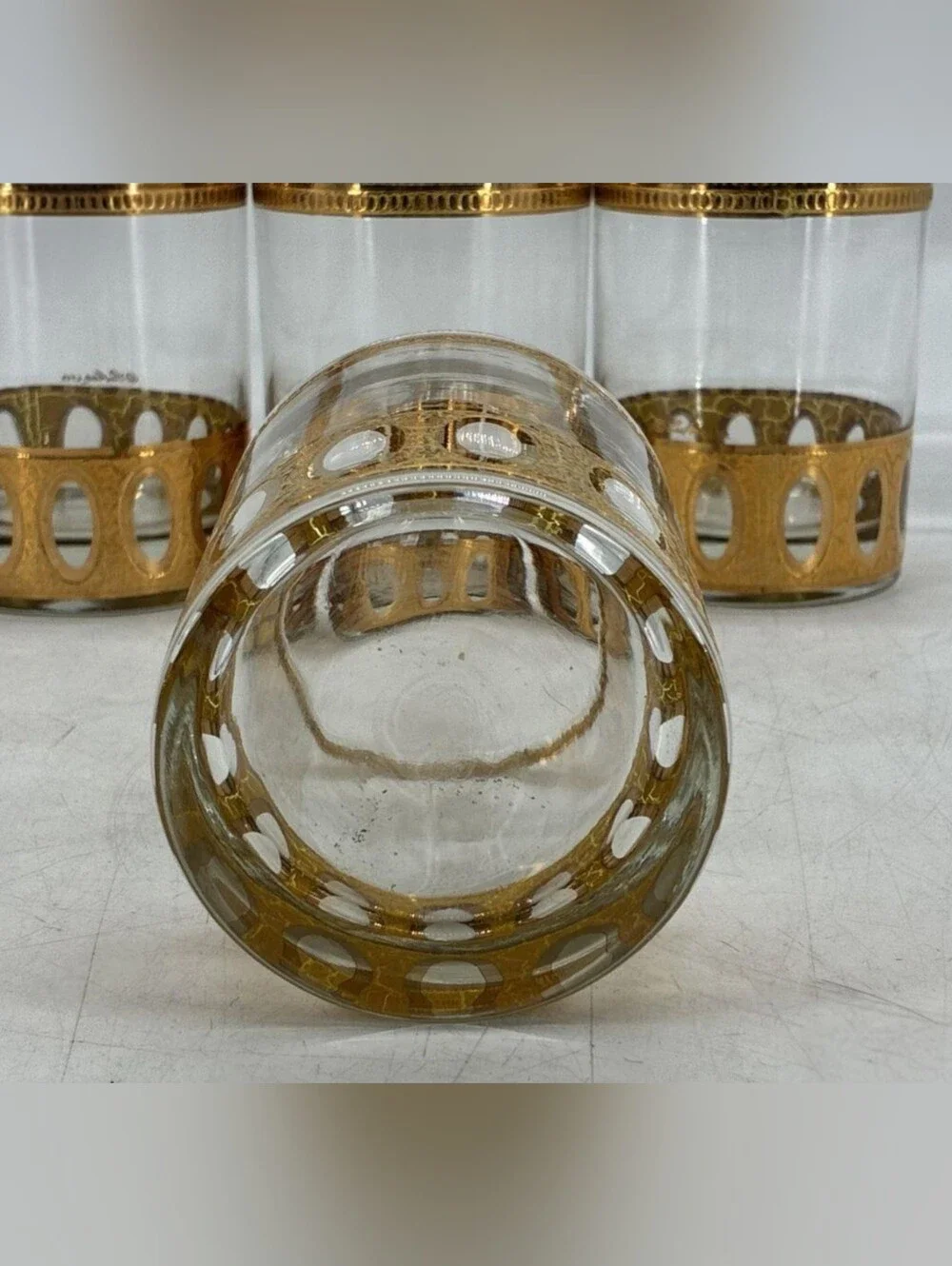 Vintage Culver Antigua 22K Gold Lowball Glasses - MCM Cut Out Oval Rocks - 8 PC